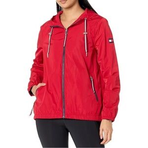 TOMMY HILFIGER LDS Red Hooded Windbreaker Jacket Size Large Lightweight‎